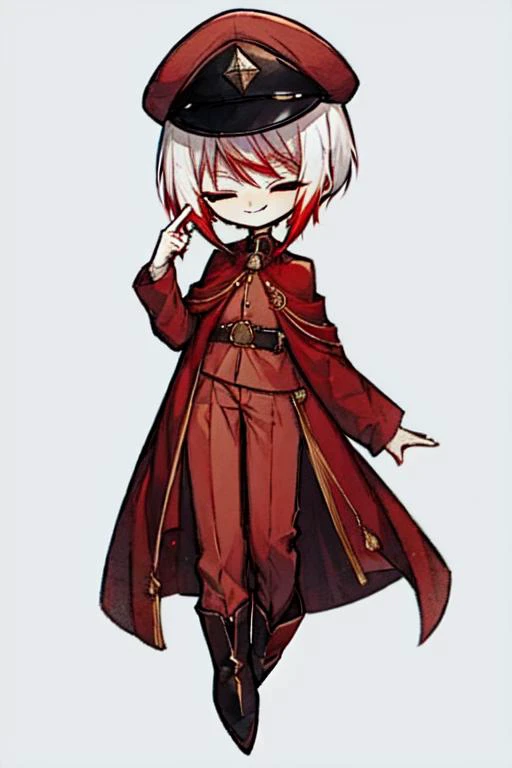 1boy, male focus, solo, smirk, closed eyes, military, red military cap, red headwear, male focus, white hair with red tips, red pants, boots, full body, <lora:Jouno_Saigiku_v2:1>,    <lora:last:1> chibi