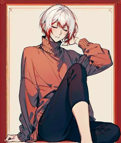 1boy, male focus, solo, parted lips, closed eyes, light blue sweater, leggings, barefoot, sitting, male focus, white hair with red tips, pastel colors, border, spot color, <lora:Jouno_Saigiku_v2:1>,