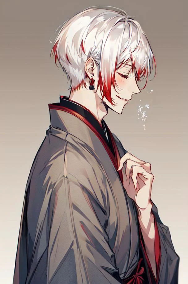 1boy, bangs, closed eyes, closed mouth, white hair with red tips, smile, earrings, from side, gradient, gradient background, grey background, japanese clothes, jewelry, kimono, male focus, profile, short hair, solo, upper body, <lora:Jouno_Saigiku_v2:1>,