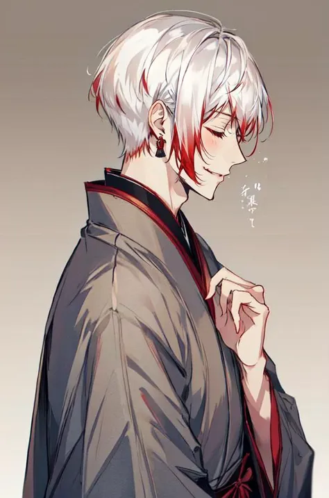 1boy, bangs, closed eyes, closed mouth, white hair with red tips, smile, earrings, from side, gradient, gradient background, grey background, japanese clothes, jewelry, kimono, male focus, profile, short hair, solo, upper body, <lora:Jouno_Saigiku_v2:1>,