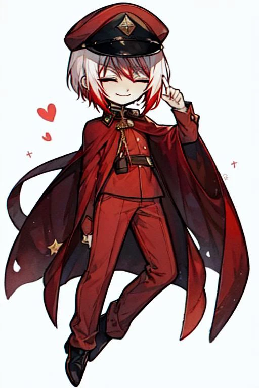 1boy, male focus, solo, smirk, closed eyes, military, red military cap, red headwear, male focus, white hair with red tips, red pants, boots, full body, <lora:Jouno_Saigiku_v2:1>, <lora:last:1> chibi
