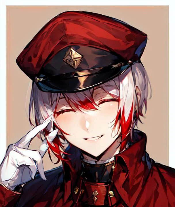 1boy, male focus, solo, smile, closed eyes, military, red military cap, red headwear, white gloves, male focus, white hair with red tips, <lora:Jouno_Saigiku_v2:1>