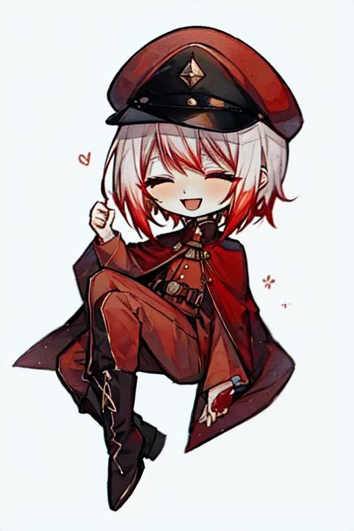 1boy, male focus, solo, smile, :D, closed eyes, military, red military cap, red headwear, male focus, white hair with red tips, red pants, boots, full body, <lora:Jouno_Saigiku_v2:1>,    <lora:last:1> chibi