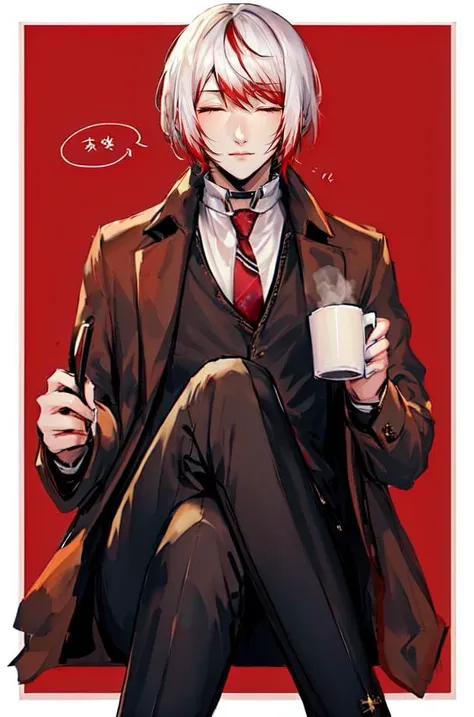 solo, 1boy, black pants,white hair with red tips, closed eyes, border, brown background, closed eyes, coffee, coffee mug, collared shirt, crossed legs, jacket, male focus, necktie, outside border, pants, shirt, short hair, sitting, solo, steam, white border, white shirt, <lora:Jouno_Saigiku_v2:1>,