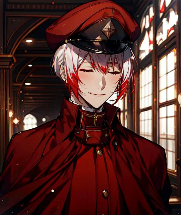 1boy, male focus, solo, smile, (closed mouth:1.2), closed eyes, military, red military cap, red pants, red headwear, white gloves, male focus, white hair with red tips, indoors, depth of field, upper body, <lora:Jouno_Saigiku_v2:1>,