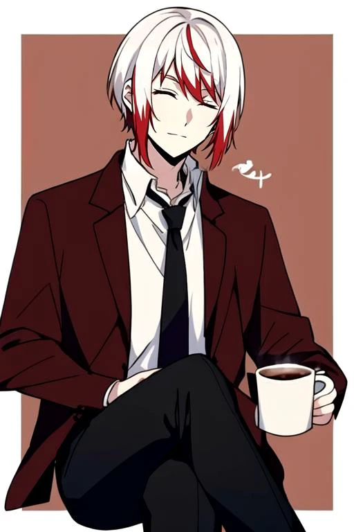 solo, 1boy, black pants,white hair with red tips, closed eyes, border, brown background, closed eyes, coffee, coffee mug, collared shirt, crossed legs, jacket, male focus, necktie, outside border, pants, shirt, short hair, sitting, solo, steam, white border, white shirt, <lora:Jouno_Saigiku_v2:1>,