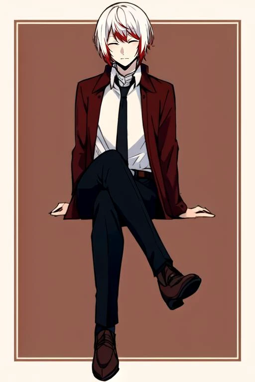 solo, 1boy, black pants,white hair with red tips, closed eyes, border, brown background, closed eyes, coffee, coffee mug, collared shirt, crossed legs, jacket, male focus, necktie, outside border, pants, shirt, short hair, sitting, solo, steam, white border, white shirt, <lora:Jouno_Saigiku_v2:1>,