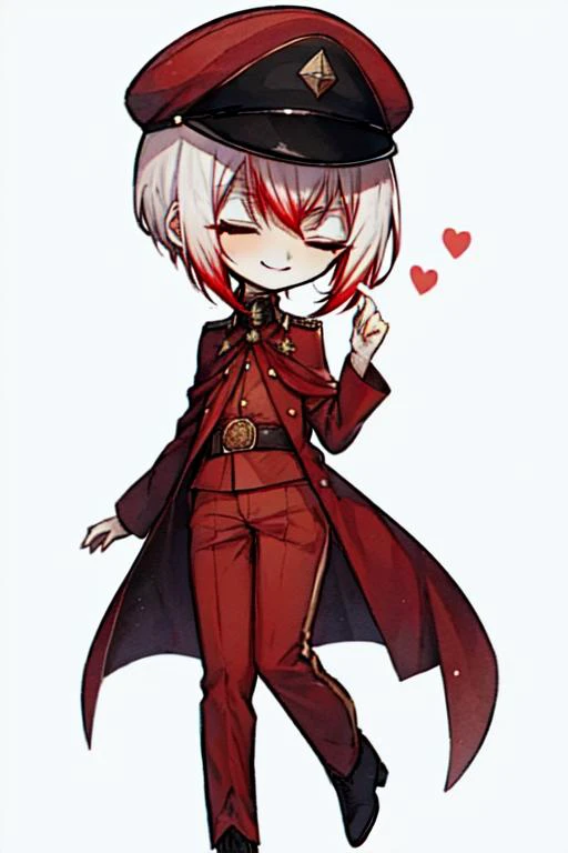 1boy, male focus, solo, smirk, closed eyes, military, red military cap, red headwear, male focus, white hair with red tips, red pants, boots, full body, <lora:Jouno_Saigiku_v2:1>, <lora:last:1> chibi