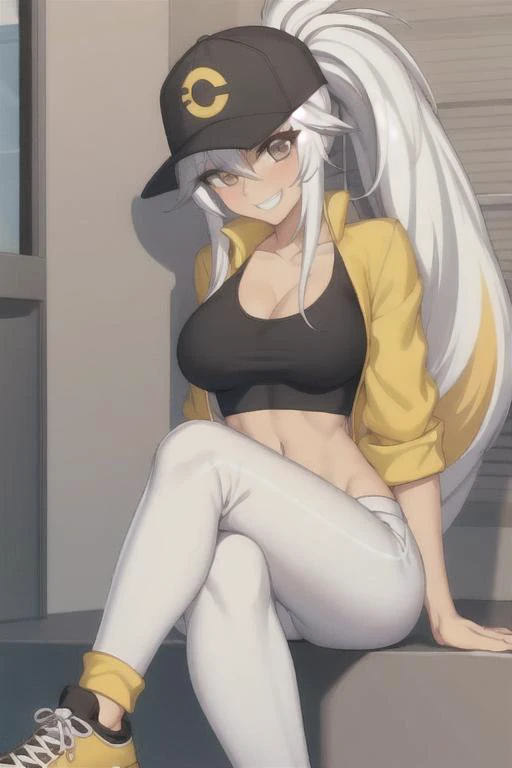 <lora:CassieV1:.8>, cassie, 1girl, solo, leggings, hat, breasts, baseball cap, sitting, yellow jacket, smile, shoes, jacket, navel, midriff, long hair, cleavage, crossed legs, indoors, ponytail, sneakers, open clothes, multicolored hair, blush, black headwear, white hair, shirt,crop top, open jacket, white shirt, pants, looking at viewer, grin, black pants, bangs, medium breasts, brown eyes, collarbone, long sleeves, vase, hair between eyes, two-tone hair