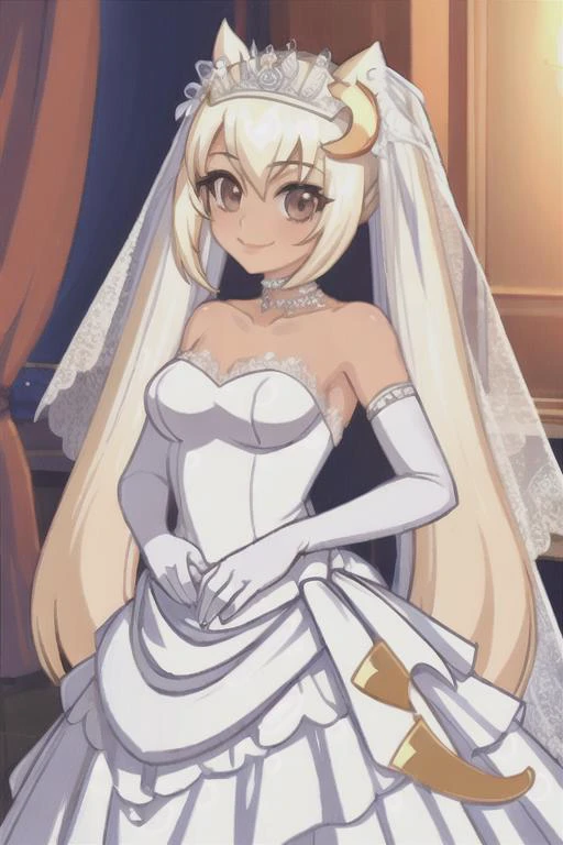 <lora:CassieV1:.8>, cassie, 1girl, solo, dress, wedding dress, gloves, long hair, crescent, twintails, brown eyes, blonde hair, bride, veil, hair ornament, choker, jewelry, smile, bridal veil, dark-skinned female, indoors