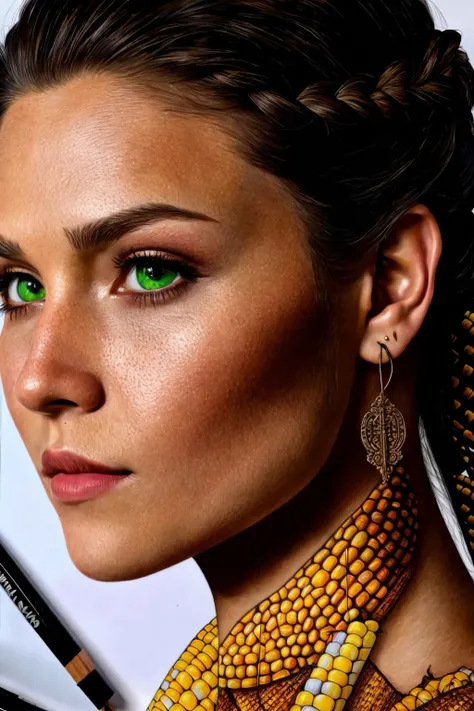 <lora:dbmn_v2:1>
masterpiece, best cinematic quality, photorealistic highly detailed 8k raw illustration, volumetric lighting and shadows
hiperrealistic drawing Style, Ageless, Graceful, Russian, Green eyes, Pointed Ears, Hawk-like Nose,  High Jawline, Soft Cheeks,  Heart face shape with Pointed Chin,   , Light Black (Soft Black) French braid hair, Amusement, (dbman style:1.2:0.5), hand-drawn, traditional media, intricate details, looking at viewer, (corn maze background)