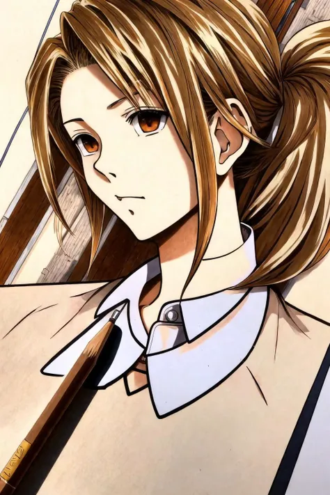 <lora:dbmn_v2:1>
masterpiece of anime, best animation quality, artistic highly detailed 8k raw illustration, volumetric lighting and shadows
Toei Animation drawing Style, Geriatric, Solid, Russian, Hazel eyes,  Flat Nose,      Well-defined Collar Bone, Office/work makeup , Sandy Blonde High ponytail hair, Delight, (dbman style:1.2:0.5), hand-drawn, traditional media, intricate details, looking at viewer, (jewish temple background)