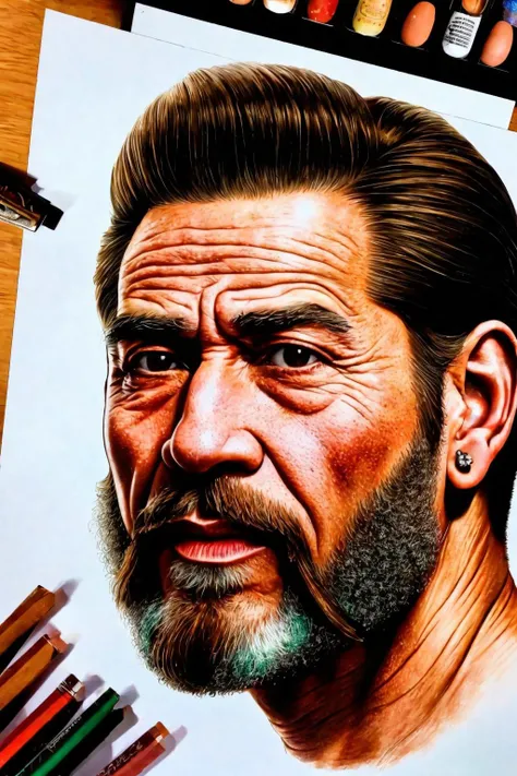 <lora:dbmn_v2:1> masterpiece, best cinematic quality, photorealistic highly detailed 8k raw illustration, volumetric lighting and shadows, Elderly Elegant, Pacific Islander, Green eyes, Gauged Ears, Curved Nose, Unusual Chin, Unique Jaw, Prominent Forehead, Friendly Mutton Chops , Auburn Fade haircut hair, Cry,, (dbman style:1.2:0.9), hand-drawn, traditional media, intricate details, looking at viewer, lake background