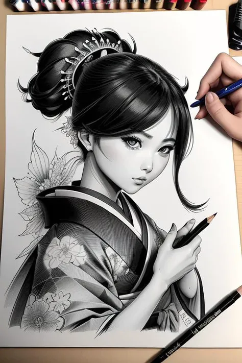 <lora:handdrawingpresentation:0.8>, dibman, traditional media, hand-drawn, 1girl, kimono, pencils, masterpiece, perfect quality, sharp focus, shallow depth of field, 8k