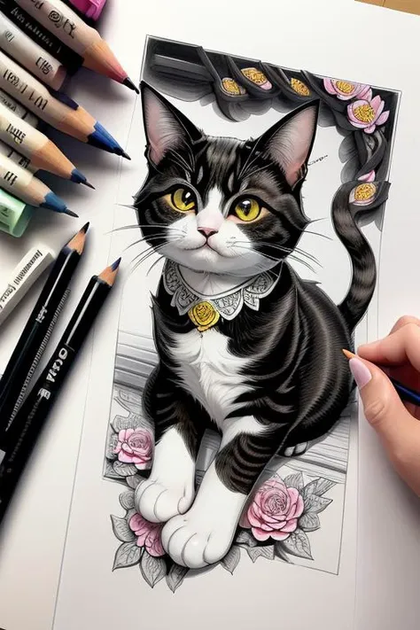 <lora:handdrawingpresentation:0.8>, dibman, traditional media, hand-drawn, cute cat, flowers, intricate details, pencils, masterpiece, perfect quality, sharp focus, shallow depth of field, 8k