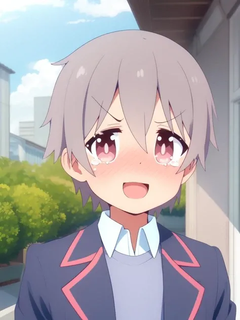<lora:Senkawa_Minato:0.8>,SenkawaMinato, 1boy, solo, blush, open mouth, smile, :d, looking at viewer, shirt, tears, v-shaped eyebrows, nose blush, collared shirt, portrait, cowboy Shot, sky, school uniform, blazer, jacket,
masterpiece, high quality, very_high_resolution, large_filesize, full color,