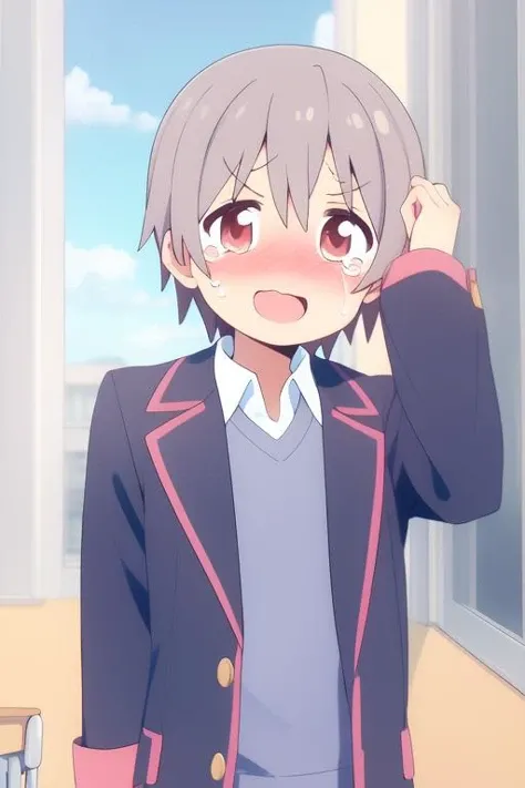 <lora:Senkawa_Minato:0.8>,SenkawaMinato, 1boy, solo, blush, open mouth, smile, :d, looking at viewer, shirt, tears, v-shaped eyebrows, nose blush, collared shirt, portrait, cowboy Shot, sky, school uniform, blazer, jacket,
masterpiece, high quality, very_high_resolution, large_filesize, full color,