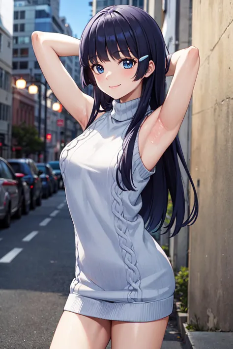 masterpiece,best quality,highres,ultra-detailed,bbreika,long hair,hairclip,<lora:aoki_reika:0.9>,(sweater:1.2),(turtleneck:1.2),street,smile,standing,cowboy shot,sleeveless,arm_behind_head,armpits,
