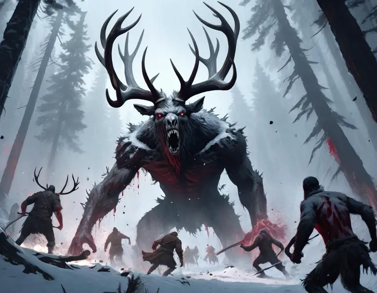 Horror masterpiece, best quality, (action shot, movement blur), combat, greg rutkowski, (focus on terrifying large wendigo visible in the distance antlers large size difference), fantasy, people fighting it, dark winter night, forest deep dark woods, massive ancient trees, battle, scenery, mountain, outdoors, multiple people, injured people on the ground, (blood splatter flying through the air), trail of carnage, (indirect) moonlight, very detailed, high resolution, sharp, sharp image, 4k, 8k,