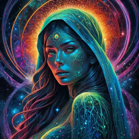 masterpiece, best quality, ultra high res, extremely detailed, (psychedelic art:1.4), woman, veil, visually stunning, beautiful, award-winning illustration, cosmic space background, ethereal atmosphere, ultra quality, beautiful girl, cosmical concept, rainbow strings, rainbow skin, rainbow bloody veins growing and intertwining out of the darkness, nailed wire, oozing thick blue blood, sharp neon, veins growing and pumping blood, vascular networks growing, green veins everywhere, yin and yang, glowing space, glowing stars, infinity symbol