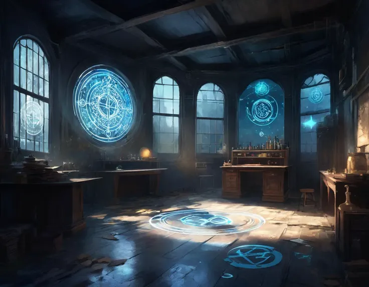 Nighttime, interior, Dusty air, ray tracing, moonbeams,
BREAK
(focus on parchment/papers/notes with (visible detailed intricate magically glowing transmutation circles alchemic symbols and arcane runes:1.3) drawn on parchment, bloody fingerprints, scattered on desk and hung on walls:1.4), clear glass bottles some filled with (magical vibrant luminous red liquid glowing with evil magic:1.3) or (miniature screaming prisoners trapped in clear glass bottles:1.5), nearly empty shelves, broken glass bottles,
BREAK
(something awful happened here),
BREAK
(Glowing visible detailed intricate transmutation circles alchemical symbols arcane runes and arcane symbols painted in several locations around the room and floor, drifting ghostly blue magical light:1.5)
BREAK
Dark Interior, a large abandoned laboratory full of many different kinds of clear glass bottles, (boarded up windows), Ominous scenery,