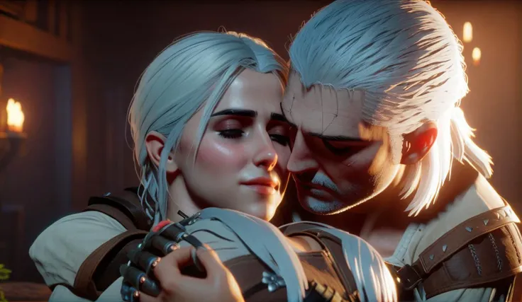 Cinematic, 8k resolution. Ciri cuddles with the Witcher in a scene from The Witcher series. <lora:SDXLHighDetail:1>