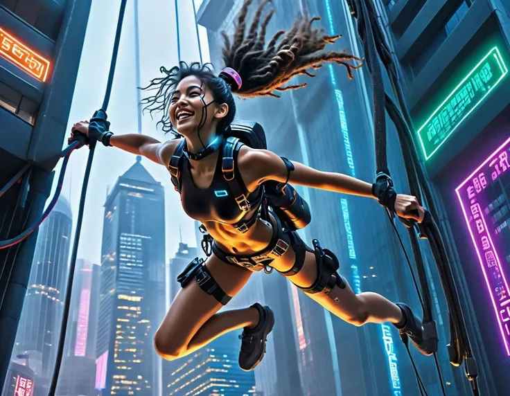 Cute spy diving down past the 50th floor outside an office building with rappelling gear starting a cyberpunk infiltration, she is hanging upside down clinging to the glass, pony tail hanging down, (upside down absail:2), free fall, hugely enjoying the thrill, cyberpunk office building, high tech infiltration gear is hanging from her utility webbing harness, midnight in a cyberpunk dystopia, the matrix (cyberpunk, Sydney, dystopia, evil, neon), climbing rope hanging off screen, nighttime burglary, glowing indicator lights and spy gadgets, darkness, detailed hands, detailed hair, very happy, two arms, two legs, climbing rope attached to chest harness, Australian spy (tanned, frizzy coily long hair)