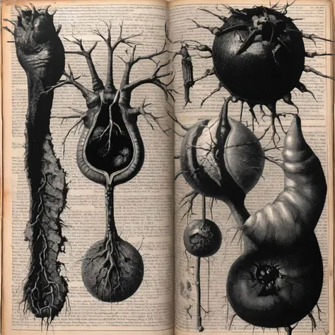 old book page with a drawing, bibilographic reference, black latex ooze, multiple stages of lifespan, inflitration unit, entrancing host, budding from the host, <lora:Xenomorph_book_sdxl:1.00>