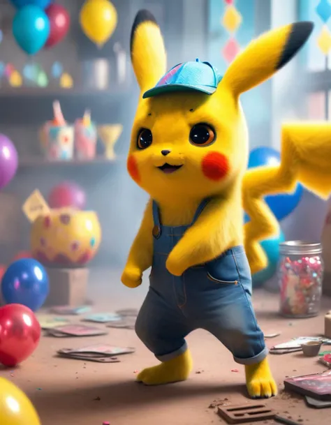 candid RAW Photo, (expressive:1.2) Pikachu (Hands in pockets, displaying a casual attitude, dust storm , A joyful birthday party, with colorful decorations and laughter in the air:1.2), <lora:pikachu:0.8>