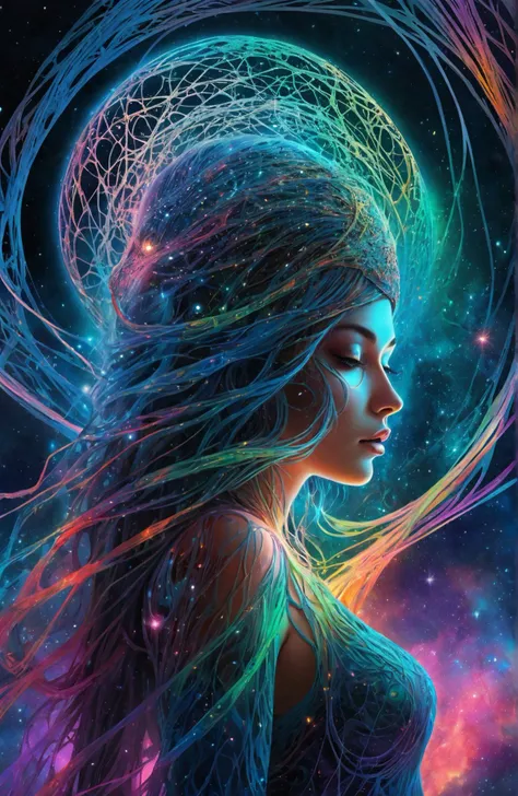 masterpiece, best quality, ultra high res, extremely detailed, (psychedelic art:1.4), woman, veil, visually stunning, beautiful, award-winning illustration, cosmic space background, ethereal atmosphere, ultra quality, beautiful girl, cosmical concept, rainbow strings, rainbow skin, rainbow bloody veins growing and intertwining out of the darkness, nailed wire, oozing thick blue blood, sharp neon, veins growing and pumping blood, vascular networks growing, green veins everywhere, yin and yang, glowing space, glowing stars, infinity symbol