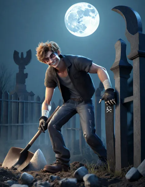 Dutch angle, A dark cinematic photograph of a (attractive smiling handsome twentyfive-year-old slim alluring dirty sweaty, short dark blonde hair, grave robber), gravedigger, wearing work gloves, jeans, (open shirt exposing hairy chest) & work-boots, (leaning on shovel next to open grave, looking at viewer, detailed realistic face, detailed realistic eyes:1.2), tombstones, mausoleums, iron fence, (pile of human bones), dirty sack, midnight, indirect moonlight, bokeh, f1.8, centered composition, soft light, ray tracing, moonbeams, volumetric lighting, night, (fog:1.37), smoke, intricate, (zdyna_pose:0.8),
<lora:!action-sdxl-V0.5:0.91> <lora:add-detail-xl:1>, <lora:sdxl_photorealistic_slider_v1:1>,