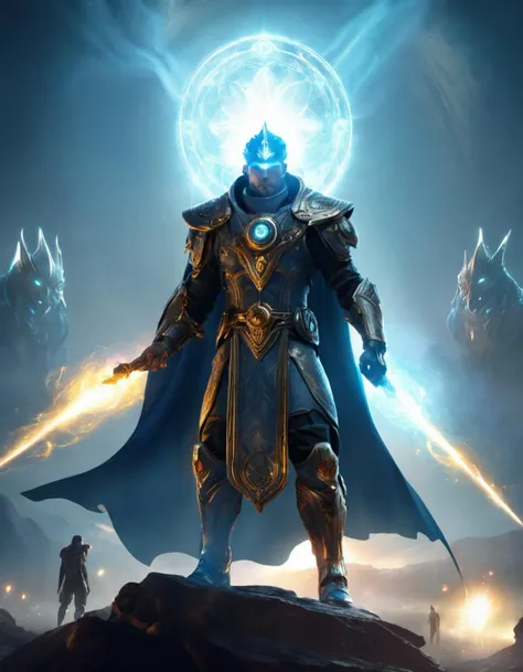 (masterpiece, best quality), Epic combat, dynamic pose, firm stance, (Defiant young man casting powerful spell, (Divine Invocation, Kneeling with reverence, calling upon deities:1.3), surrounded by magical energy) wearing futuristic mage uniform, fierce defiant detailed realistic eyes, (attacked by (Energy beings- Entities composed of radiant, luminous energy, taking on ethereal, luminescent forms.)),
BREAK
distant battlefield, soft light, volumetric lighting, night, (fog:1.37), smoke, intricate, (Advanced terraforming technologies for habitable worlds),