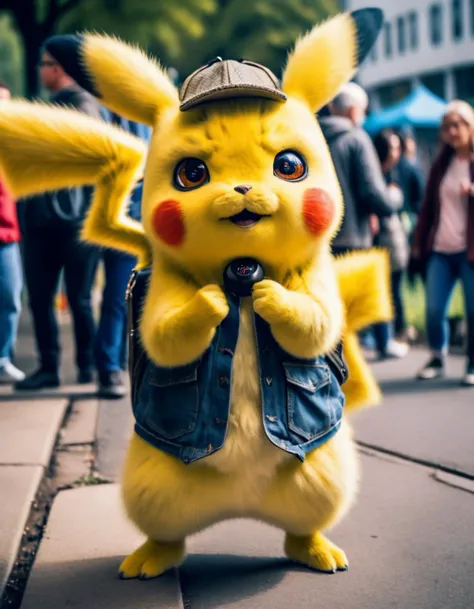 candid RAW Photo, (expressive:1.2) Pikachu (Standing with weight shifted to one leg, suggesting ease, steam devil , A community gathering, with people of all ages enjoying games, music, and food:1.2), <lora:pikachu:0.8>