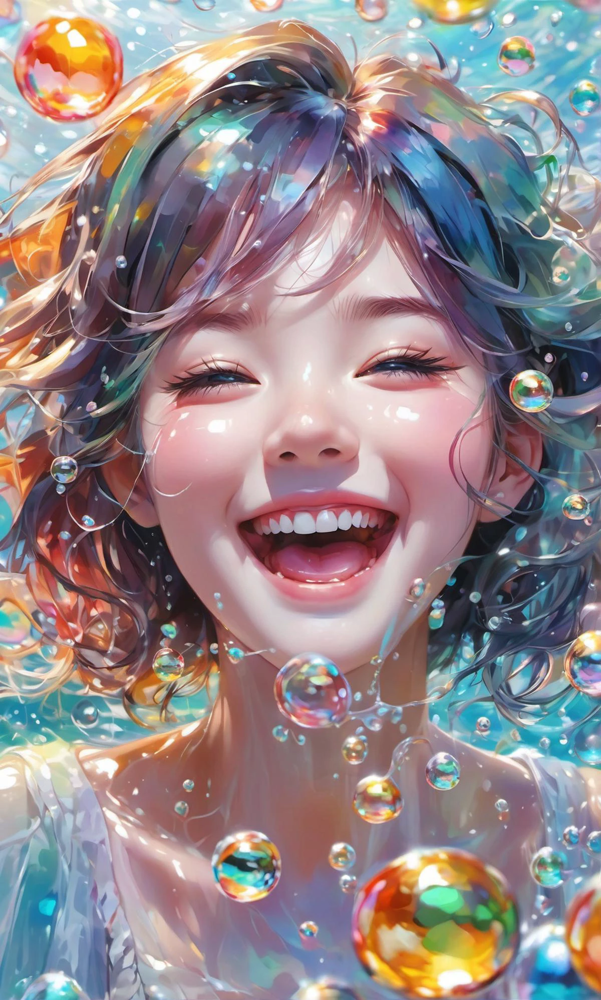 a Girl,laughing,Colorful colors,surrounded by water bubbles,in the style of Kawacy,Masterpiece,Oil painting drawn in anime style,(head close - up:2),Tyndall effect,water drops,mother - of - pearl iridescence,Holographic white,(face_focus:1.5),