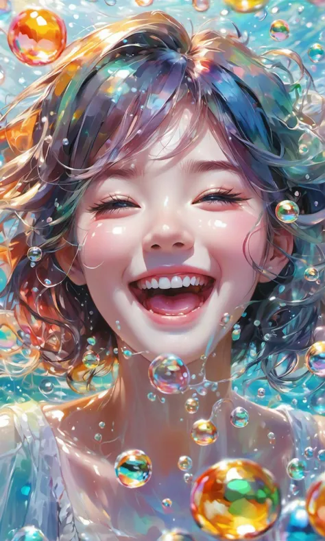 a Girl,laughing,Colorful colors,surrounded by water bubbles,in the style of Kawacy,Masterpiece,Oil painting drawn in anime style,(head close - up:2),Tyndall effect,water drops,mother - of - pearl iridescence,Holographic white,(face_focus:1.5),