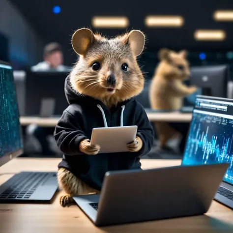 hacker Quokka, quokka in a black hoodie looking at a laptop, 8k RAW, depth of field, supercomputer and code in the background