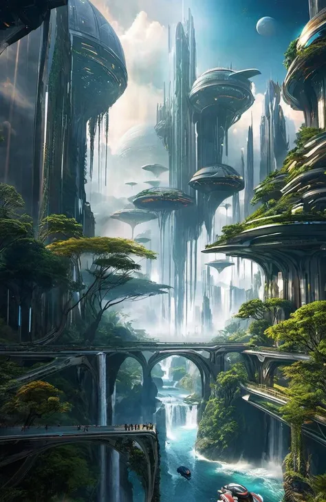 ((ziov)) ziov++ scifi city scene, futuristic buildings, robot giants, trees, spaceships, waterfalls, fantasy art, cinematic, dramatic, nebula sky