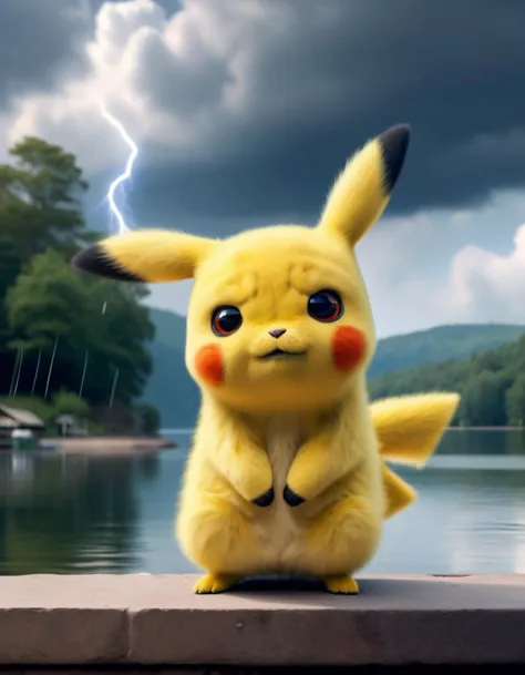 candid RAW Photo, (expressive:1.2) Pikachu (Arms crossed tightly, suggesting defensiveness or discomfort, waterspout , A peaceful lakeside retreat, with serene waters and people enjoying recreational activities:1.2), <lora:pikachu:0.8>
