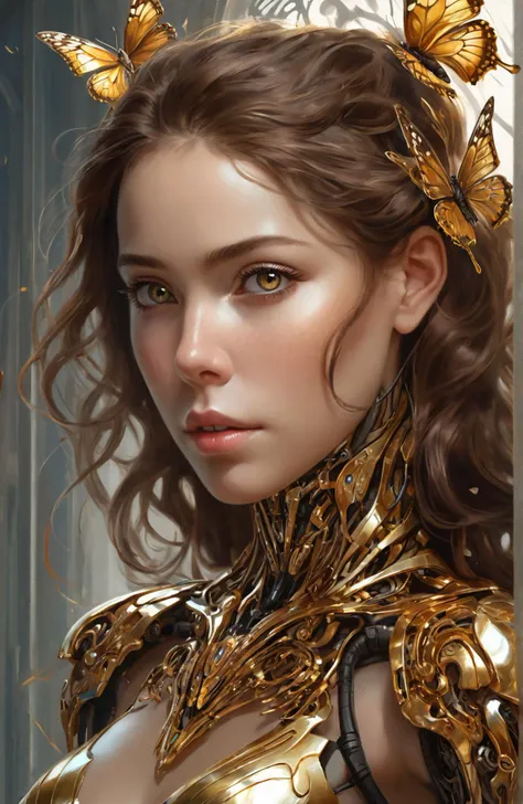photo, 8k portrait of beautiful cyborg with brown hair, intricate, elegant, highly detailed, majestic, digital photography, art by artgerm and ruan jia and greg rutkowski surreal painting gold butterfly filigree, broken glass, (masterpiece, sidelighting, finely detailed beautiful eyes: 1.2), hdr, realistic, high definition