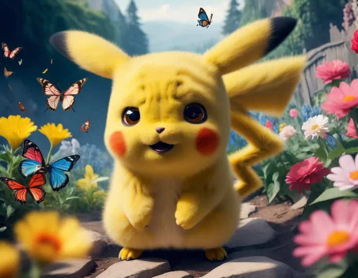 candid RAW Photo, (expressive:1.2) Pikachu (Arms outstretched, inviting an embrace, avalanche , A peaceful garden, with blooming flowers and butterflies fluttering around:1.2), <lora:pikachu:0.8>