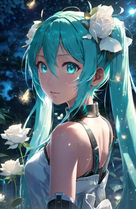 face focus, masterpiece, best quality, 1girl, hatsune miku, white roses, petals, night background, fireflies, light particle, solo, aqua hair with twin tails, aqua eyes, standing, pixiv, depth of field, cinematic composition, best lighting, looking up