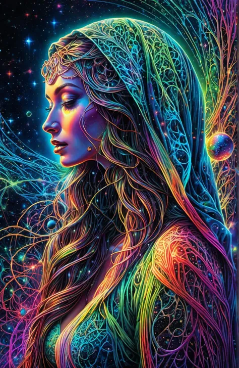 masterpiece, best quality, ultra high res, extremely detailed, (psychedelic art:1.4), woman, veil, visually stunning, beautiful, award-winning illustration, cosmic space background, ethereal atmosphere, ultra quality, beautiful girl, cosmical concept, rainbow strings, rainbow skin, rainbow bloody veins growing and intertwining out of the darkness, nailed wire, oozing thick blue blood, sharp neon, veins growing and pumping blood, vascular networks growing, green veins everywhere, yin and yang, glowing space, glowing stars, infinity symbol