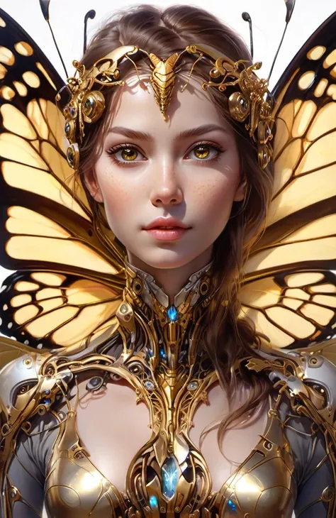 photo, 8k portrait of beautiful cyborg with brown hair, intricate, elegant, highly detailed, majestic, digital photography, art by artgerm and ruan jia and greg rutkowski surreal painting gold butterfly filigree, broken glass, (masterpiece, sidelighting, finely detailed beautiful eyes: 1.2), hdr, realistic, high definition