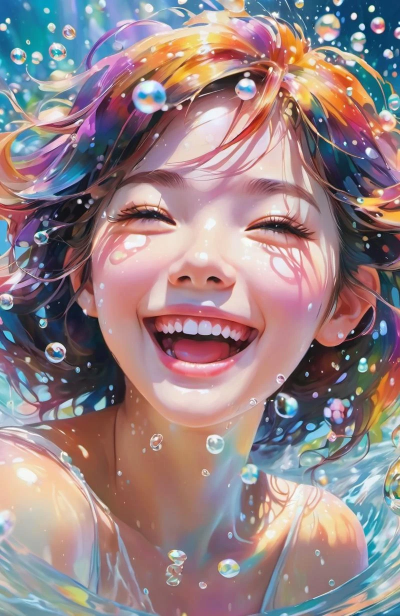 a Girl, laughing, Colorful colors, surrounded by water bubbles, in the style of Kawacy, Masterpiece, Oil painting drawn in anime style, head close - up, exaggerated perspective, Tyndall effect, water drops, mother - of - pearl iridescence, Holographic white,