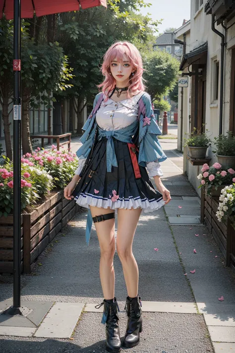 <lora:March_7th_V2.0:0.85>, March_7th(Honkai_StarRail),1girl, smile, neck ribbon, pink hair, medium hair, blue jacket, white shirt, huge breasts, thighs, thigh strap, skirt, boots, full body, standing,(cowboy shot),(masterpiece, high quality, best quality), (colorful),(delicate eyes and face), volumatic light, ray tracing, extremely detailed CG unity 8k wallpaper,solo, ((flying petal)),(from below), outdoors,
Cobblestone Streets, Quaint Architecture, Charming Cafs, Flower-Adorned Windows, Cozy Boutiques, Lush Greenery, Vibrant Market Stalls, Riverside Scenes, Vintage Lampposts, Old-world Elegance