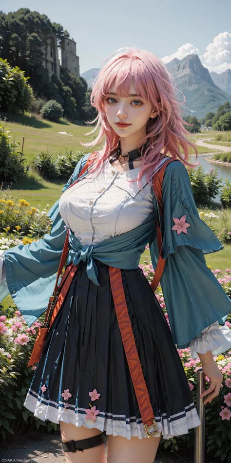 (8K, top-quality, masterpiece:1.2), (reallistic, Photorealsitic:1.37), Super Detail, One girl, (Highly detailed), (beautifully detailed eyes), (of the highest quality), (super detailed), (masterpiece), (Detailed face), 20yr old, 1 girl, (pink hair, long hair), medium breasts, clothed, Perfect Lighting, BREAK, (brown leather jacket:1.4), (black belt:1.3), (white blouse:1.4), (red and white checkered scarf:1.3), (blue and white striped dress:1.5), (white apron:1.4), (pocket on chest:1.3), (lace on apron:1.3), (buttons on sleeves:1.3), (white knee socks:1.4), (brown leather boots:1.4), (blue pendant:1.3), (gold bangle:1.3), BRAKE, (upper body to knee:1.4), (pink hair, long hair, left side down, right side behind ear:1.5), (smiling, looking at camera:1.4), (holding pendant with left hand:1.4), (green grass and blue sky:1.3), (natural light, soft shadow on face:1.3)