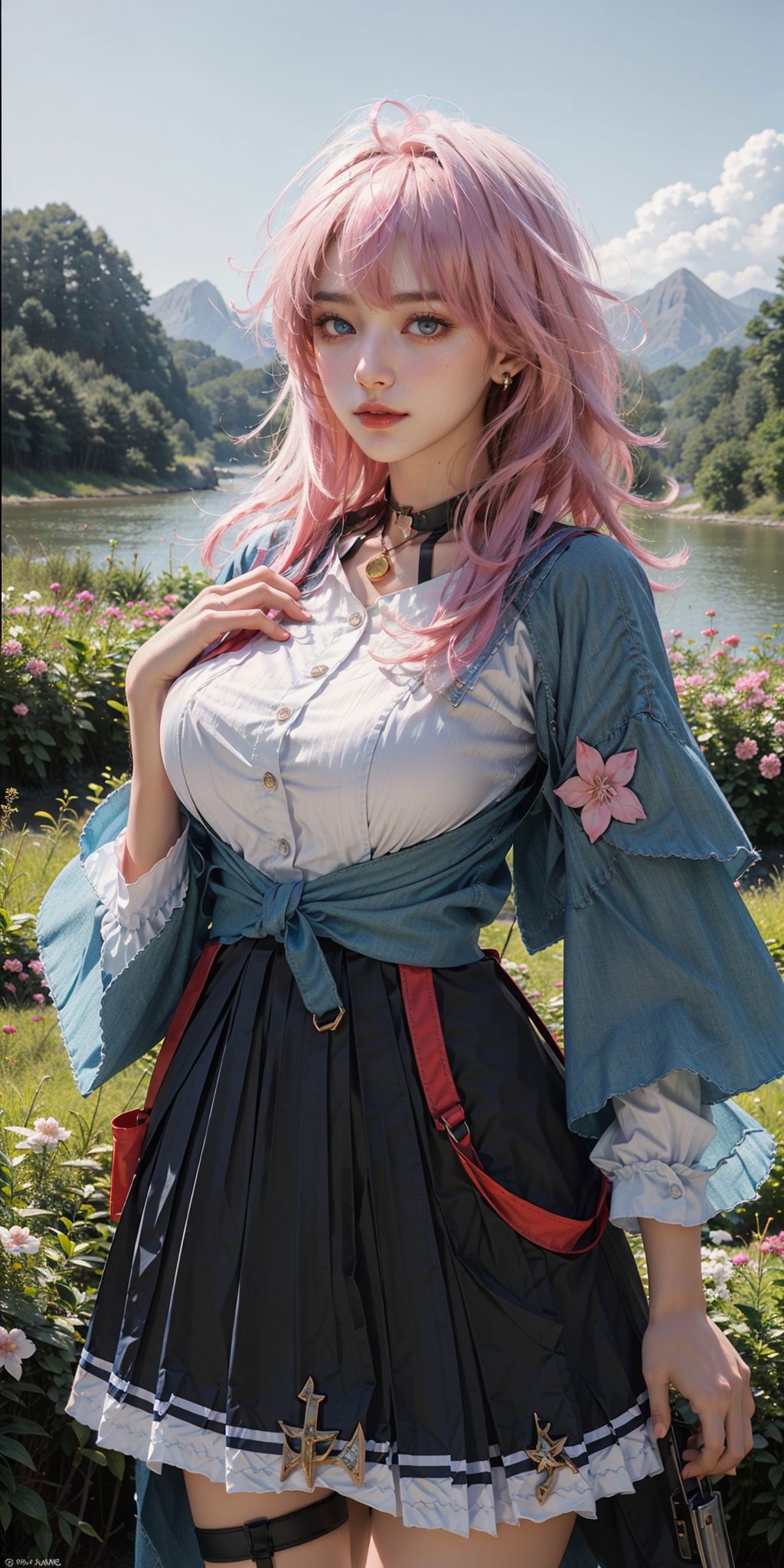 Arafed woman in a blue dress and pink hair posing for a picture - SeaArt AI