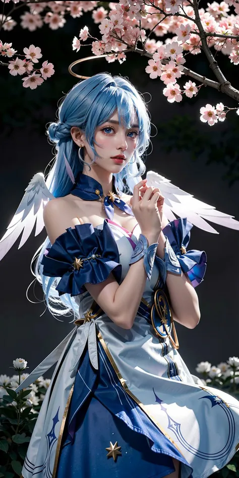 <lora:Honkai_Robin:0.8>,HonkaiStarRail_Robin,1girl,blue long hair,blue eyes,halo,head wings,blue&white dress,upper body,standing,(cowboy shot),(masterpiece,high quality,best quality),(colorful),(delicate eyes and face),volumatic light,ray tracing,extremely detailed CG unity 8k wallpaper,solo,outdoors,flowers,sunshine,park,trees,plants,