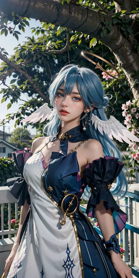 <lora:Honkai_Robin:0.8>,HonkaiStarRail_Robin,1girl,blue long hair,blue eyes,halo,head wings,blue&white dress,upper body,standing,(cowboy shot),(masterpiece,high quality,best quality),(colorful),(delicate eyes and face),volumatic light,ray tracing,extremely detailed CG unity 8k wallpaper,solo,outdoors,flowers,sunshine,park,trees,plants,