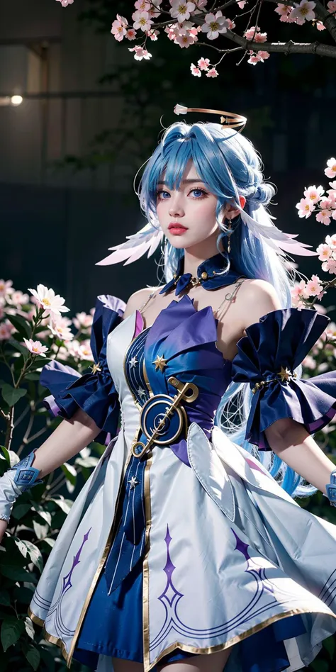 <lora:Honkai_Robin:0.8>,HonkaiStarRail_Robin,1girl,blue long hair,blue eyes,halo,head wings,blue&white dress,upper body,standing,(cowboy shot),(masterpiece,high quality,best quality),(colorful),(delicate eyes and face),volumatic light,ray tracing,extremely detailed CG unity 8k wallpaper,solo,outdoors,flowers,sunshine,park,trees,plants,